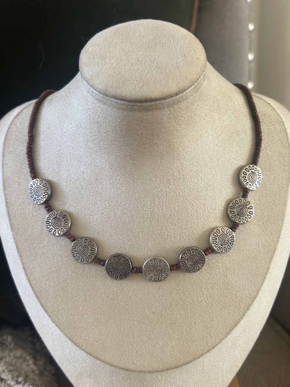 & Other Stories Brown Cord Necklace with Silver Decorative Buttons